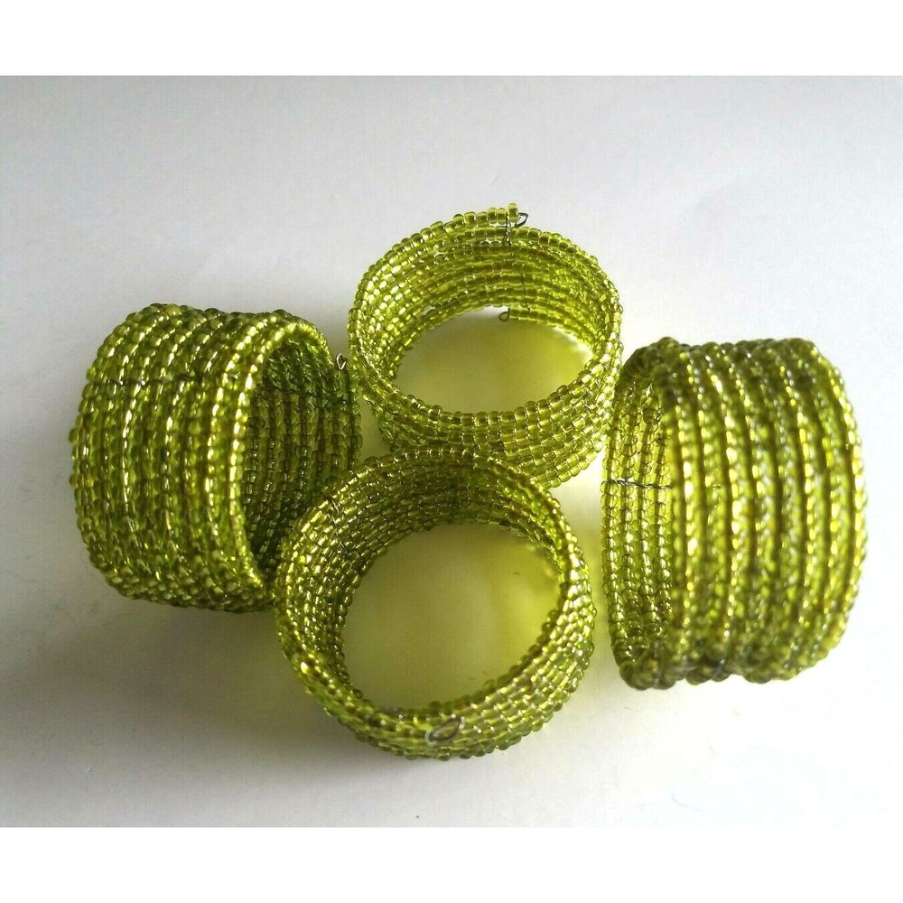Vintage French Handmade Micro Beaded Napkin Rings set of 4  Lime Green Coiled